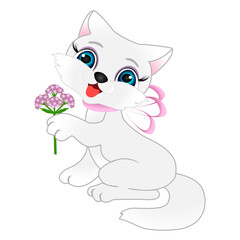 Kitten with valerian flowers on a white background.