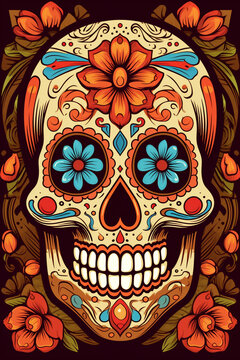 La Catrina dia de muertos Skull. Bemalter Schädel in braun, orange und blau. Tag der Toten in Mexico. Hochkant. Hochformat. Generative Ai.