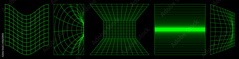 Poster Set of abstract aesthetic y2k geometric elements and 3D wireframe shapes. Neon retro line design elements. Vector illustration for social networks or posters. EPS 10