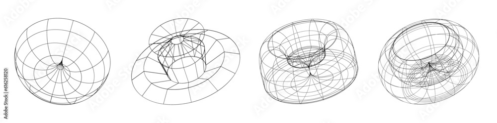 Aufkleber Set of abstract aesthetic y2k geometric elements and 3D wireframe shapes. Black and white retro line design elements. Vector illustration for social networks or posters. EPS 10