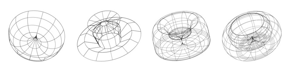 Set of abstract aesthetic y2k geometric elements and 3D wireframe shapes. Black and white retro line design elements. Vector illustration for social networks or posters. EPS 10