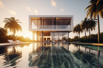 Exterior shot of a modern luxury residential villa, infinity pool, palm trees, reflecting golden sunset, Highly detailed, photorealistic architectural image