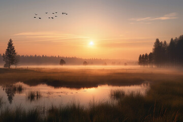 Fototapeta na wymiar serene landscape during sunrise, pristine lake reflecting the vibrant hues of the morning sky,