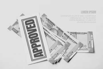 Bank Loan Concept: Indian 500 Rupee Notes with Approval Stamp on White Background, Black and white.