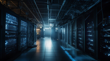 Hyper - realistic photograph, the interior of a modern data center, racks filled with glowing LED - lit servers, cool blue ambient lighting, floating particles, hints of fiber optic cables and intrica