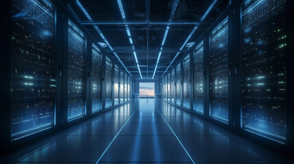 Hyper - realistic photograph, the interior of a modern data center, racks filled with glowing LED - lit servers, cool blue ambient lighting, floating particles, hints of fiber optic cables and intrica