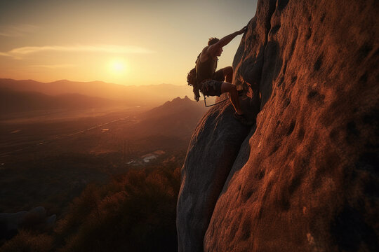 Hotorealistic, dynamic image of a climber scaling a cliff at sunset, muscular definition highlighted, sheer determination on his face. Rock texture highly detailed, with the vibrant orange and red hue