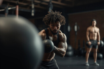 Fototapeta na wymiar Photo of a CrossFit gym session, showcasing an athlete doing kettlebell swings with intensity, others in the background performing various exercises, gritty determination on their faces, gym equipmen