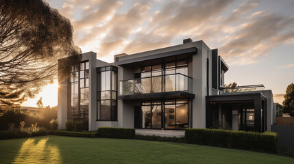 Photorealistic, contemporary architectural marvel, 5 bedroom residential property, large glass windows, lush green lawn, nestled in the suburbs during sunset, deep shadows, high contrast, Canon 5D Mar