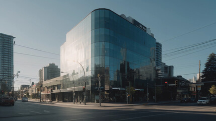 Fototapeta na wymiar Photorealistic, high - resolution image of a 20 - storey glass commercial building, reflective surfaces, downtown urban setting, clear sky