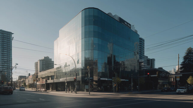 Photorealistic, high - resolution image of a 20 - storey glass commercial building, reflective surfaces, downtown urban setting, clear sky