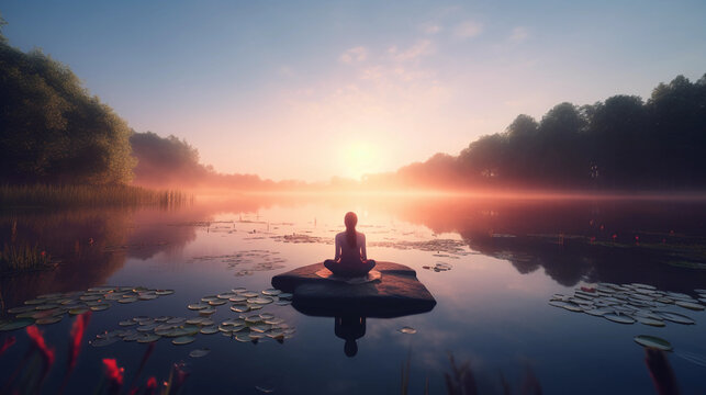 Photorealistic stock image, serene outdoor yoga session during a radiant sunrise, a woman in lotus position, harmonious blend of nature, the colors of the dawn sky reflecting on a tranquil lake, lush 