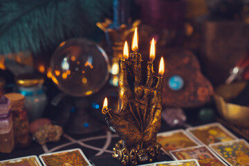 Mystical atmosphere, view of tarot card on the table, esoteric concept, fortune telling and...