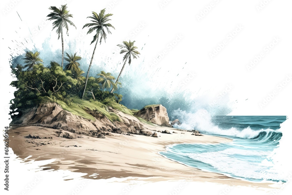 Poster beach with palm trees isolated on white background. generated by ai