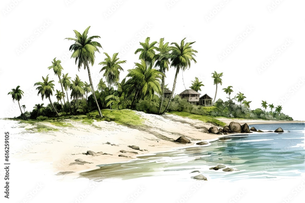 Poster beach with palm trees isolated on white background. generated by ai
