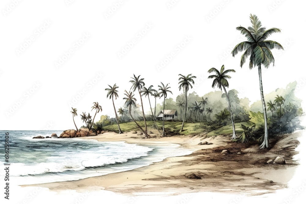 Aufkleber beach with palm trees isolated on white background. Generated by AI