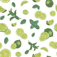 Fresh lime slices and green mint leaves isolated on transparent background. Seamless pattern for textile, room decor, print wrapping, scrapbook. Watercolor illustration of summer fruit composition
