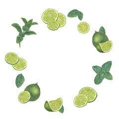 Creative natural decor of lime slices, mint leaves isolated on transparent background. Fresh fruits and plants flying in circle. Watercolor illustration for backgrounds, card, logo, flyer