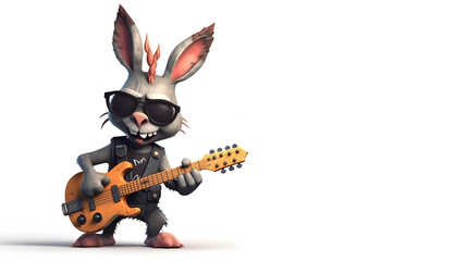 A gray rabbit dressed in punk rock style stands on its hind legs and plays the guitar on a white background. Creative design with copy space and space for text. Holidays concept. AI generated