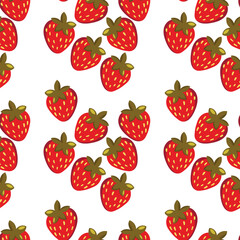 Seamless pattern with strawberry on white background. Natural delicious fresh ripe tasty fruit. Vector illustration for print, fabric, textile, banner, other design. Food concept.