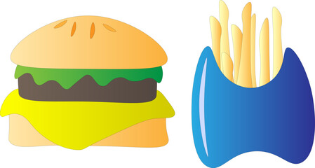 Hamburger and french fries, on a white background, children's drawing.