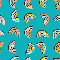 Trendy seamless pattern with colorful rainbow on color background. Design for invitation, poster, card, fabric, textile, fabric. Cute holiday illustration for baby. Scandinavian doodle style
