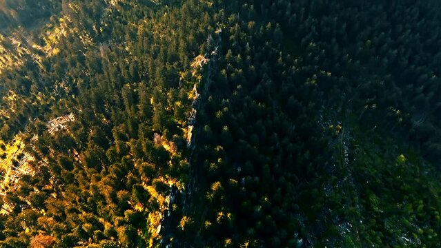 Drone films mountain cliffs from above and then focuses on view of Bavarian Forest at sunset.