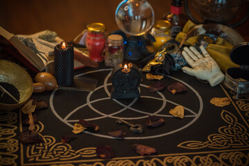 White magic, energy cleaning. Altar for witch, magic for love, health, attracting happiness . Esoteric concept	