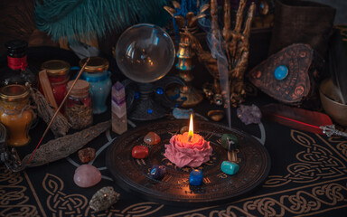 White magic, energy cleaning. Altar for witch, magic for love, health, attracting happiness . Esoteric concept	