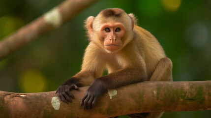 capuchin monkey on the tree green boke back. Generative AI