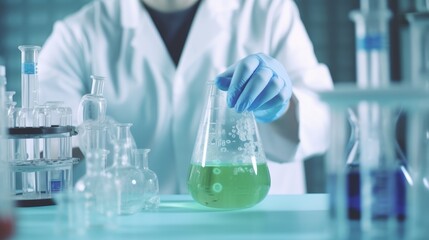 A chemist is doing laboratory chemical research with reagents and flasks. Scientific chemical research