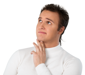 Portrait of young businessman in white sweater with hairstyle isolated on white background