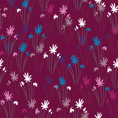 Seamless floral pattern based on traditional folk art ornaments. Colorful flowers on color background. Scandinavian style. Sweden nordic style. Vector illustration. Simple minimalistic pattern