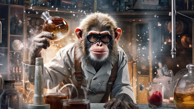 Intelligent monkey conducts scientific experiments in a lab, wearing a lab coat, goggles, and gloves , Generative Ai