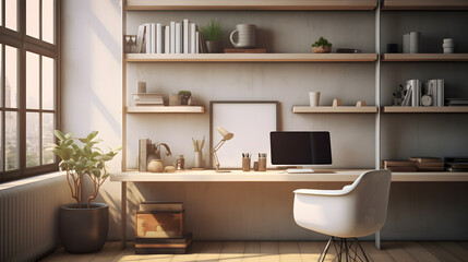 Fototapeta na wymiar Working space, Wome office concept, Elegant stylish minimal home decor, morning sun, 3d render, Generative AI