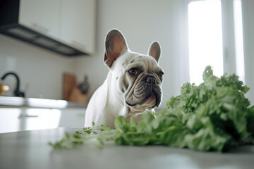 French Bulldog dog suiting in front of kitchen counter with raw lettuce salad.  - obrazy, fototapety, plakaty