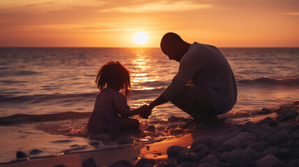 A father playing with his child at sunset