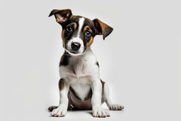 sitting small brown and white dog on a white floor. Generative AI