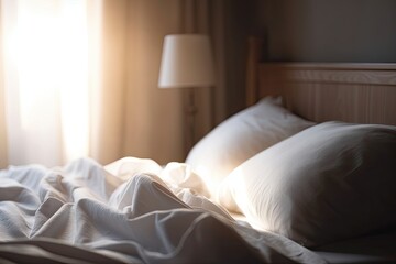 Fototapeta na wymiar cozy bedroom with white bedding and pillows