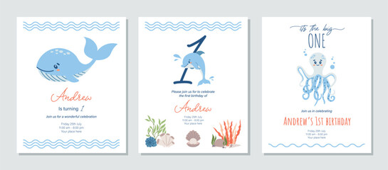 Under the sea birthday invitation with sea animals. Nautical baby shower invite. Printable baby boy invitation. Red and blue colors. Ocean themed birthday party template. Vector illustration