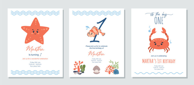 Under the sea birthday invitation with sea animals. Nautical baby shower invite. Printable baby girl invitation. Red and blue colors. Ocean themed birthday party template. Vector illustration