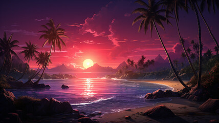 Retrowave Beach Landscape mit Palmen, Strand, Wellen, Sonne und Sonnenuntergang. Synthwave, Futuresynth, Outrun. Querformat. Generative Ai.