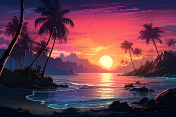 Retrowave Beach Landscape mit Palmen, Strand, Wellen, Sonne und Sonnenuntergang. Synthwave, Futuresynth, Outrun. Querformat. Generative Ai.