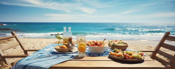 Fototapeta na wymiar chair with food on tropical white sand beach