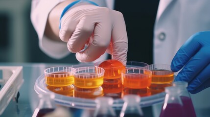 A laboratory technician makes microscopic bacteriological examination with the reagents. Work in microlaboratories