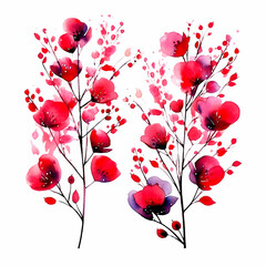 set of red floral watercolor, flower watercolor, leaves watercolor	