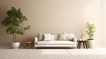 Modern minimalistic design against a beige wall. Living room interior. Sofa with plants against the wall. Modern Scandinavian interior.