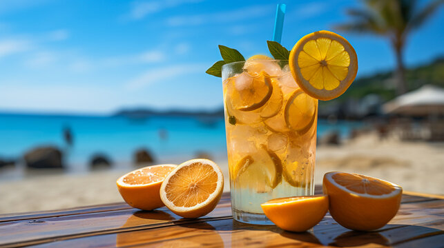 Cool and refreshing tropical cocktail at the beach. Generative AI image.