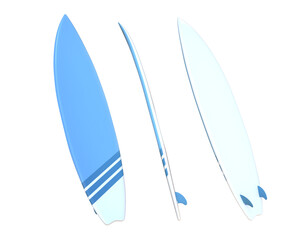 3D Rendering Blue And White Surfboard Front, Side And Back View Isolated On Transparent Background, PNG File Add