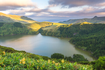 The green paradise in the Atlantic Ocean, crater lake, Flores island, Azores, Portugal